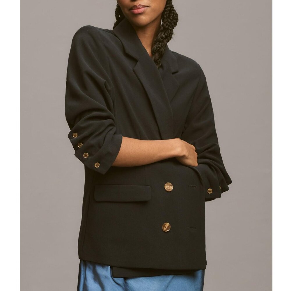 By Anthropologie Cinched-Sleeve Blazer Navy Dark Blue XL